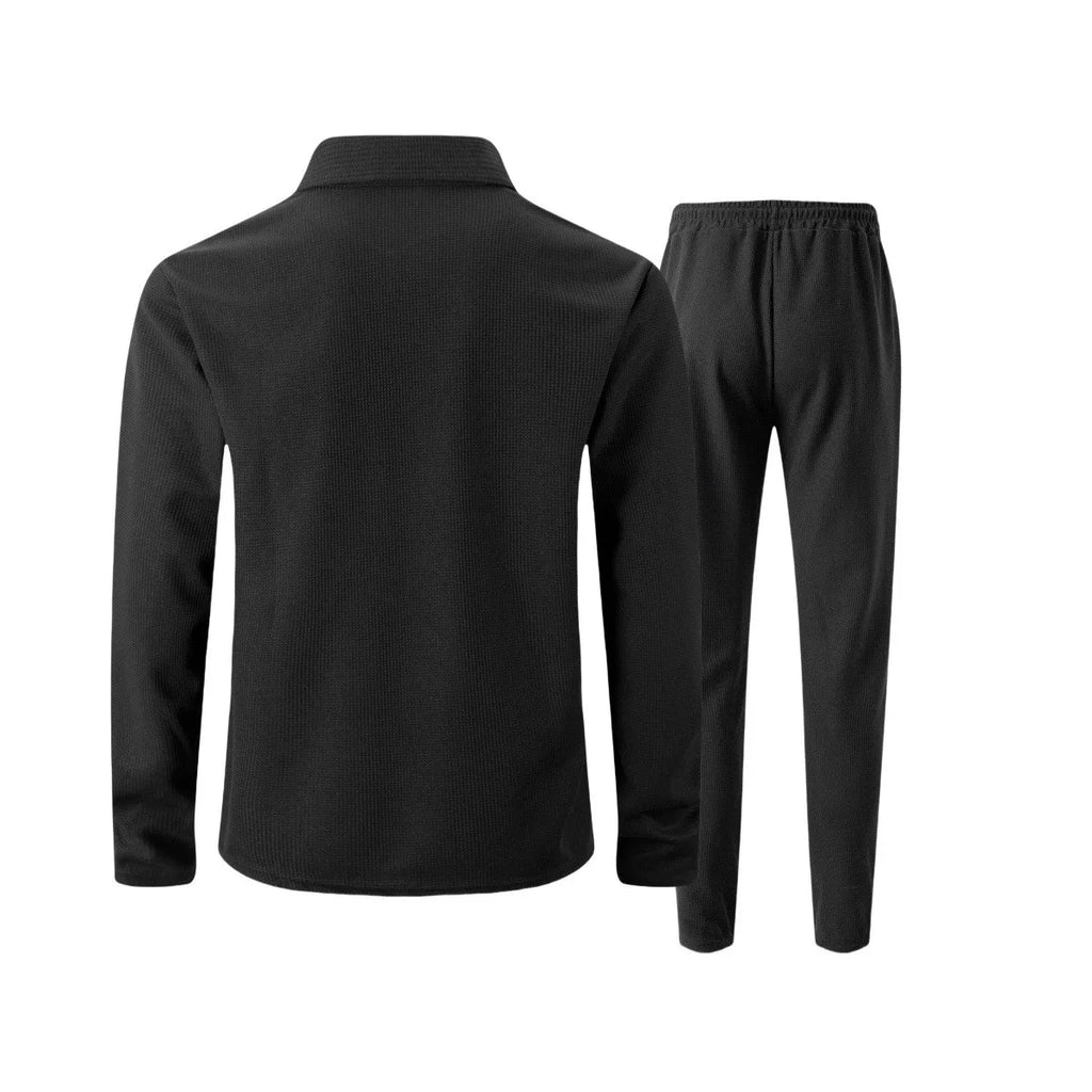 Ensemble veste cardigan ajustée à motif gaufré pour hommes, couleur unie, fermeture éclair, poche avant, revers, automne et hiver