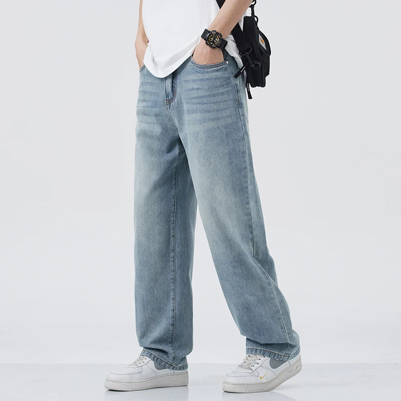 Jean à jambes droites de style coréen pour hommes, pantalon ample polyvalent, à la mode, bleu délavé, cool, confortable, hangin, printemps/été 2025