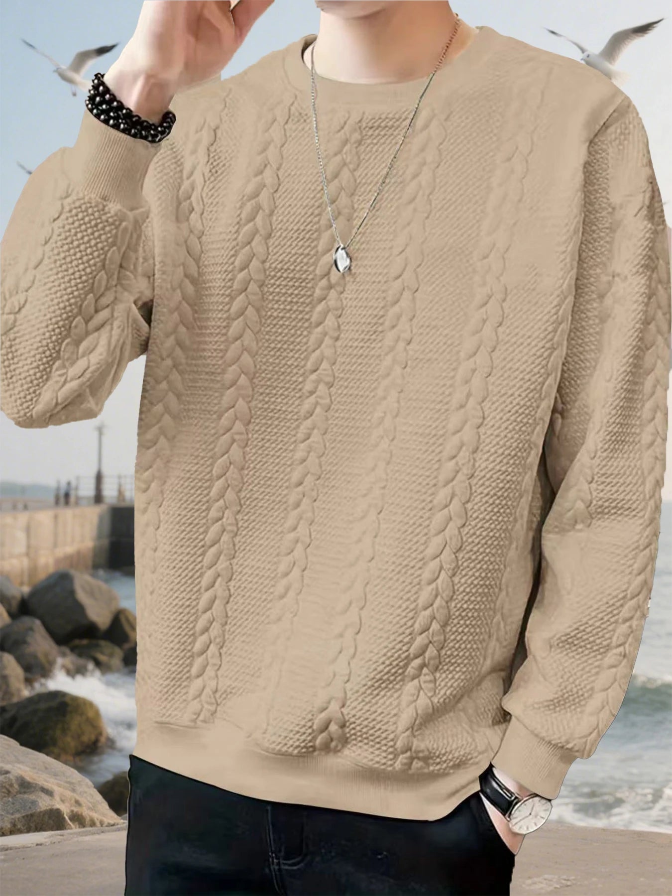 Autumn men's new round neck jacquard checkered high-end
