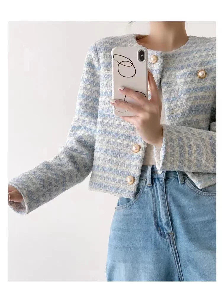 ITOOLIN automne hiver femmes élégant Tweed Cardigan manteau court avec poche simple boutonnage veste pour femmes vêtements d'extérieur amples 2024