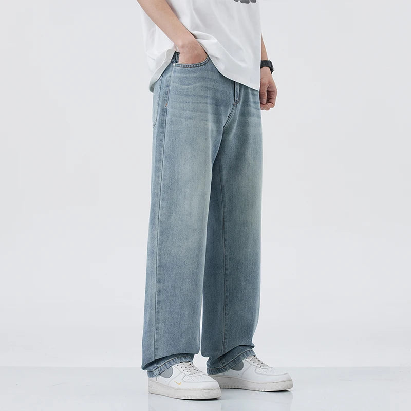 Jean à jambes droites de style coréen pour hommes, pantalon ample polyvalent, à la mode, bleu délavé, cool, confortable, hangin, printemps/été 2025