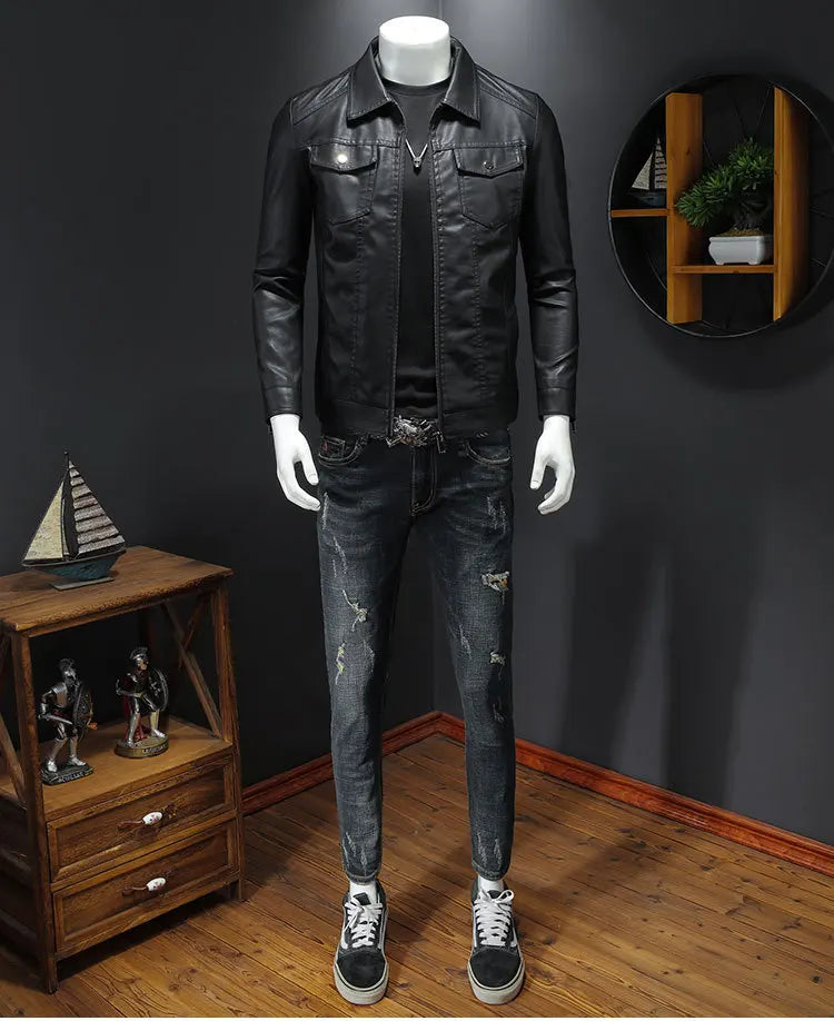 Veste en cuir à revers pour hommes