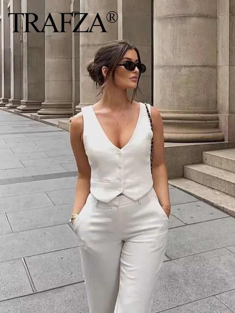 TRAFZA-Gilet Court pour Femme, Col en V, Simple Boutonnage, Vintage, Streetwear Décontracté, Haut Chic Sauvage, Nouvelle Mode, Été