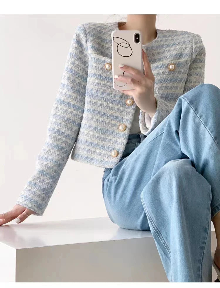 ITOOLIN automne hiver femmes élégant Tweed Cardigan manteau court avec poche simple boutonnage veste pour femmes vêtements d'extérieur amples 2024