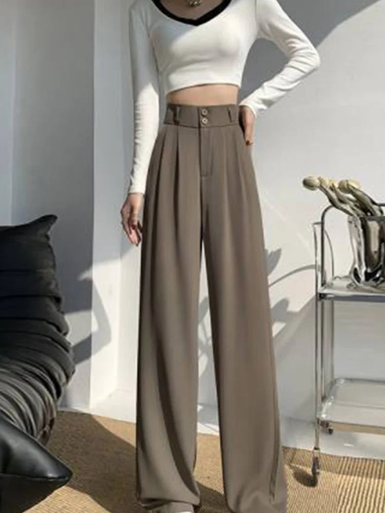 Pantalon large taille haute pour femme, pantalon décontracté femme, droit, café, FjAutumn, double boutons, imbibé, nouveau