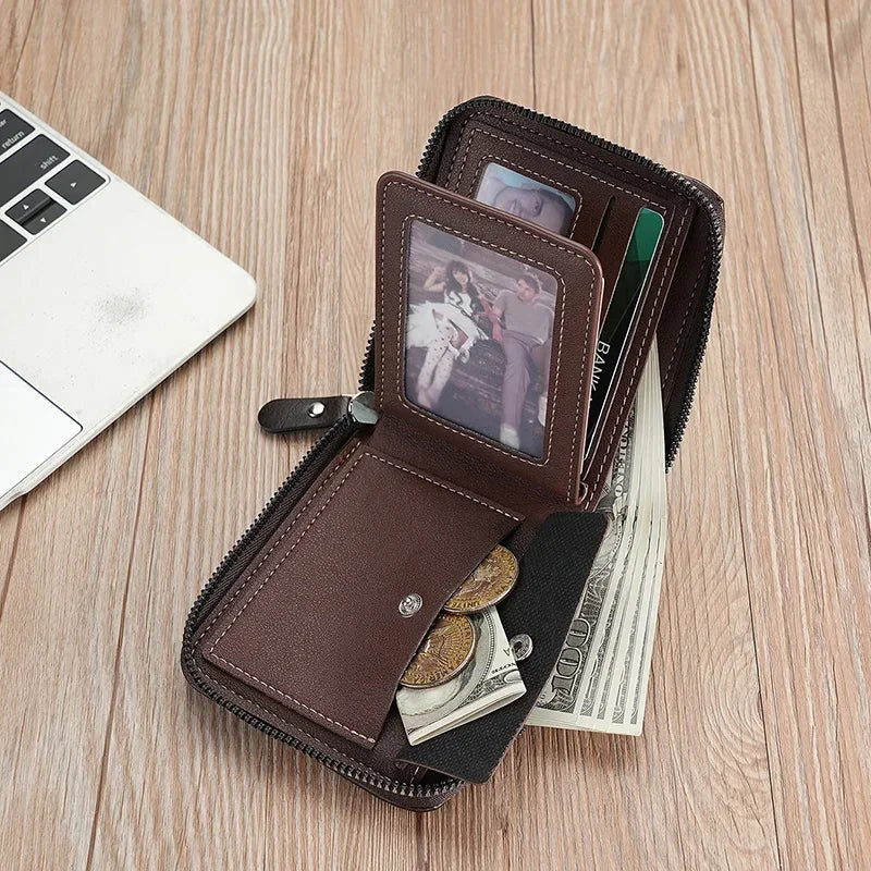 Portefeuille en cuir pour hommes, porte-monnaie de luxe, porte-cartes à fermeture éclair avec poche pour pièces de monnaie, portefeuilles Rfid, cadeaux pour hommes, sac d'argent