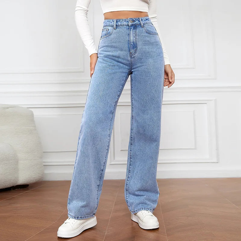 Jean bleu rétro pour femmes, y2k, pantalon droit ample, taille haute, slim, tout-en-un, à la mode
