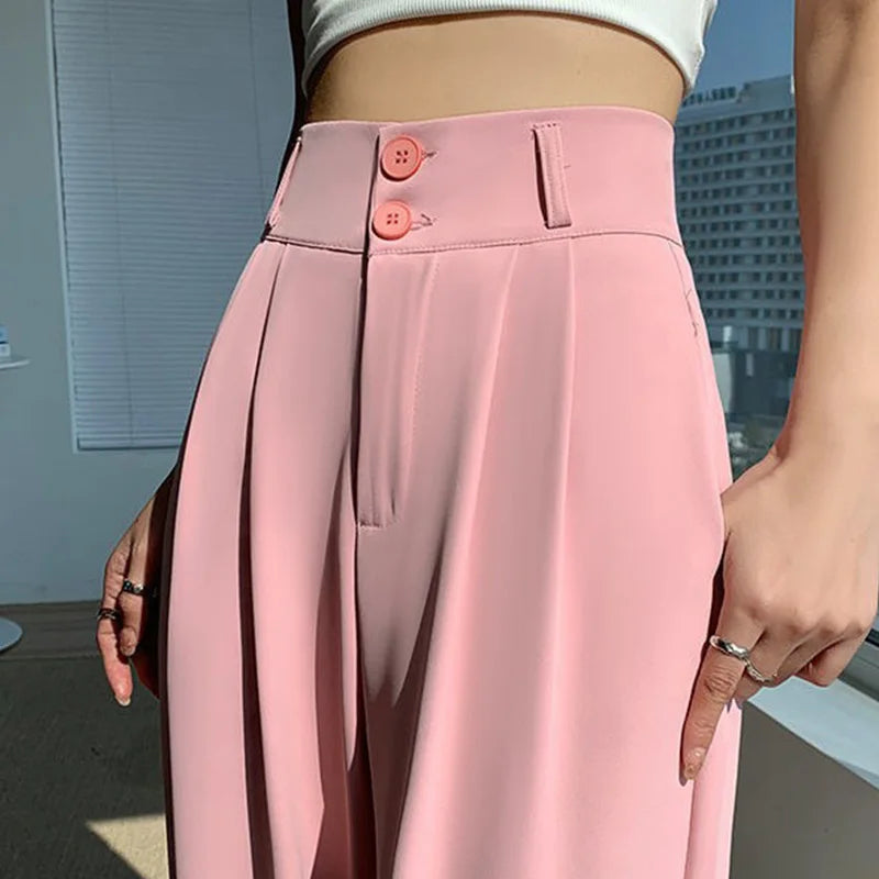 Pantalon large taille haute pour femme, pantalon décontracté femme, droit, café, FjAutumn, double boutons, imbibé, nouveau