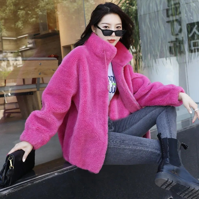 Femmes hiver Double corail polaire manteau chaud col montant en peluche épais pardessus femme mode décontracté à manches longues fermeture éclair vêtements