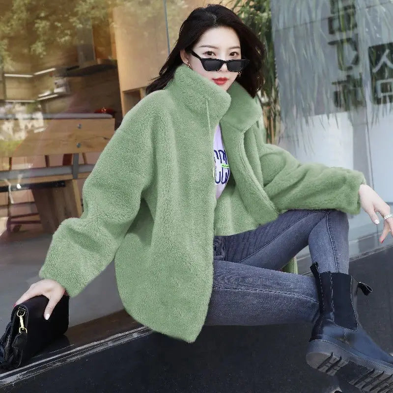 Femmes hiver Double corail polaire manteau chaud col montant en peluche épais pardessus femme mode décontracté à manches longues fermeture éclair vêtements