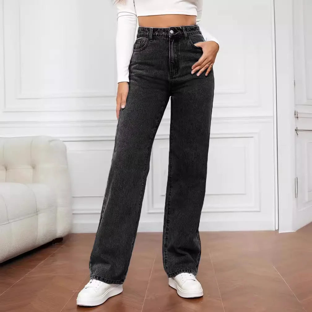 Jean bleu rétro pour femmes, y2k, pantalon droit ample, taille haute, slim, tout-en-un, à la mode