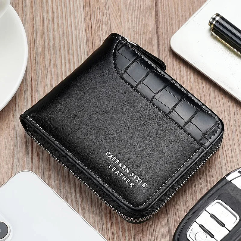 Portefeuille en cuir pour hommes, porte-monnaie de luxe, porte-cartes à fermeture éclair avec poche pour pièces de monnaie, portefeuilles Rfid, cadeaux pour hommes, sac d'argent