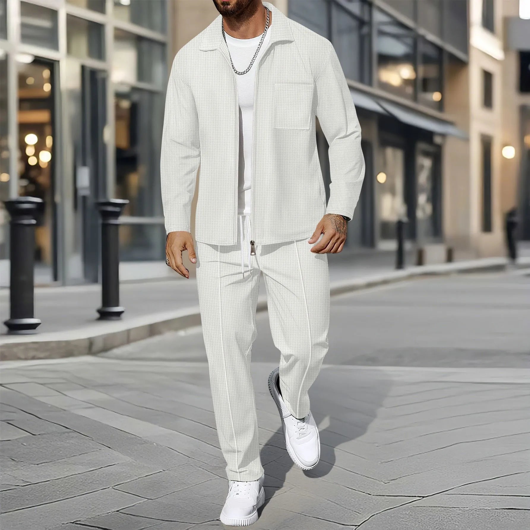 Ensemble veste cardigan ajustée à motif gaufré pour hommes, couleur unie, fermeture éclair, poche avant, revers, automne et hiver