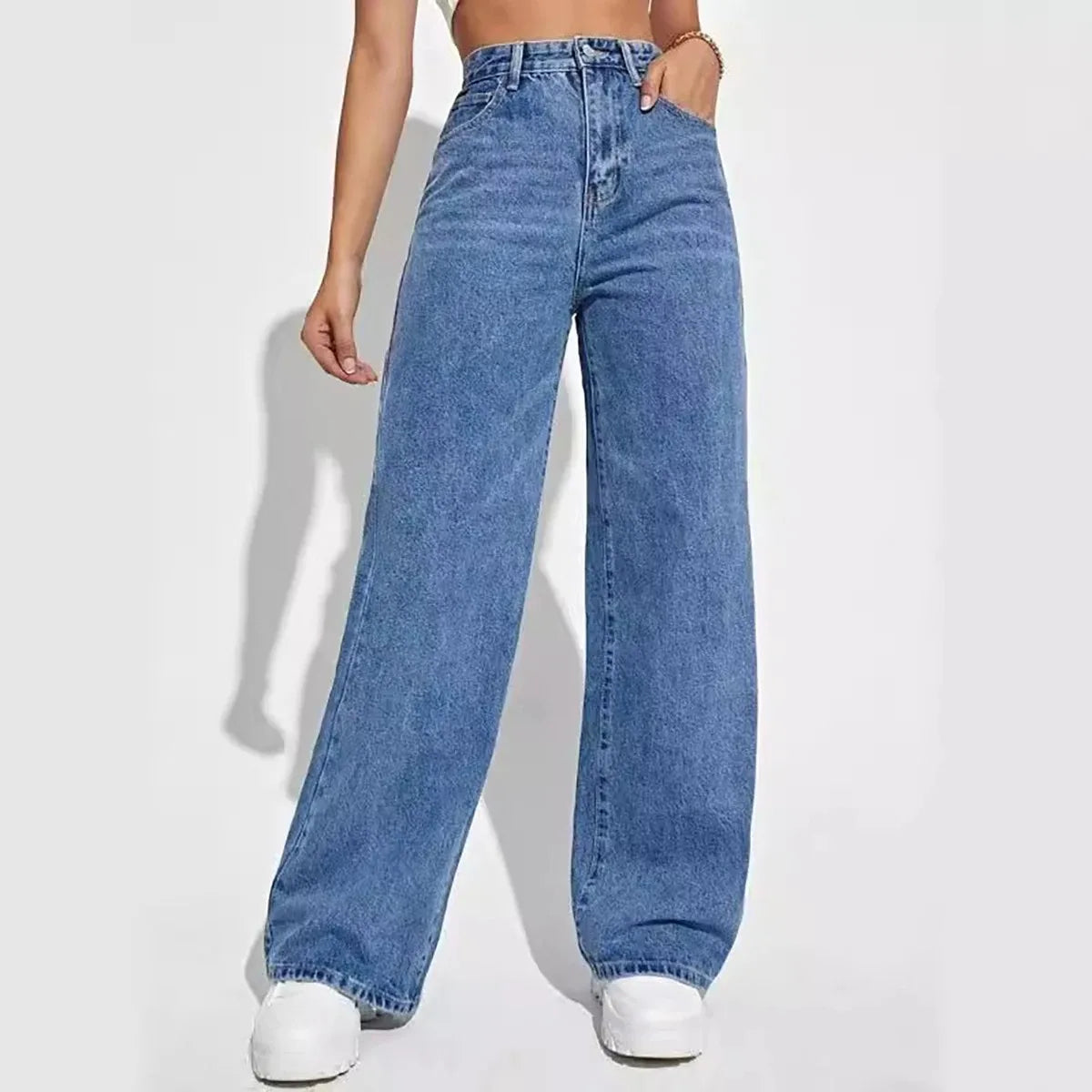 Jean bleu rétro pour femmes, y2k, pantalon droit ample, taille haute, slim, tout-en-un, à la mode
