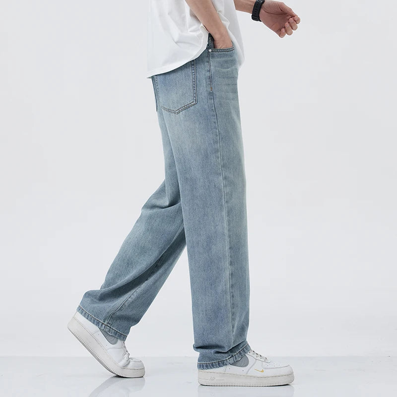 Jean à jambes droites de style coréen pour hommes, pantalon ample polyvalent, à la mode, bleu délavé, cool, confortable, hangin, printemps/été 2025