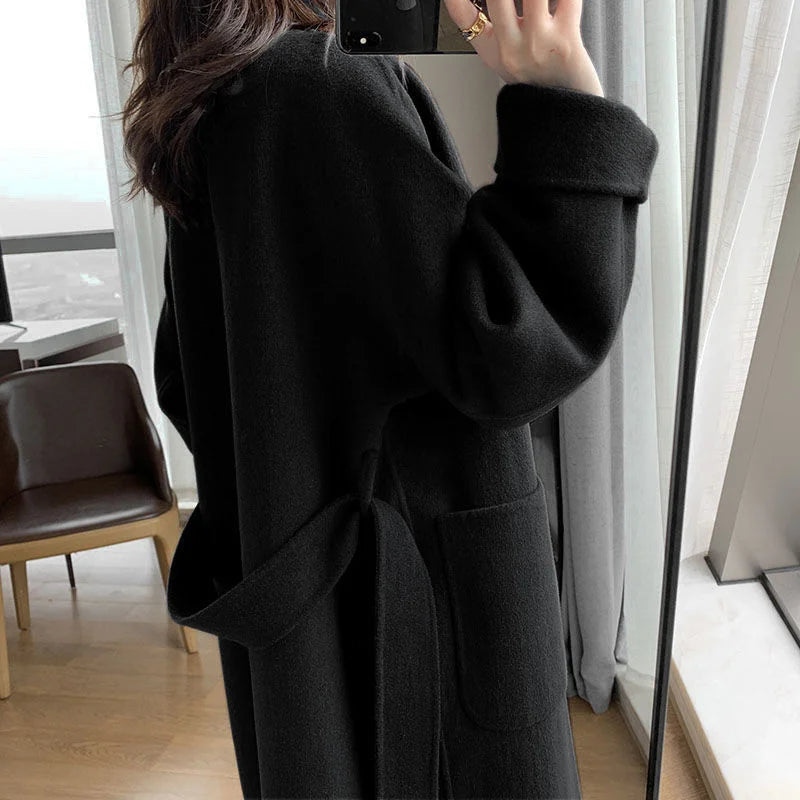 Manteau long en laine épaissie pour femme, manteau noir, mode coréenne, Harajuku, hiver