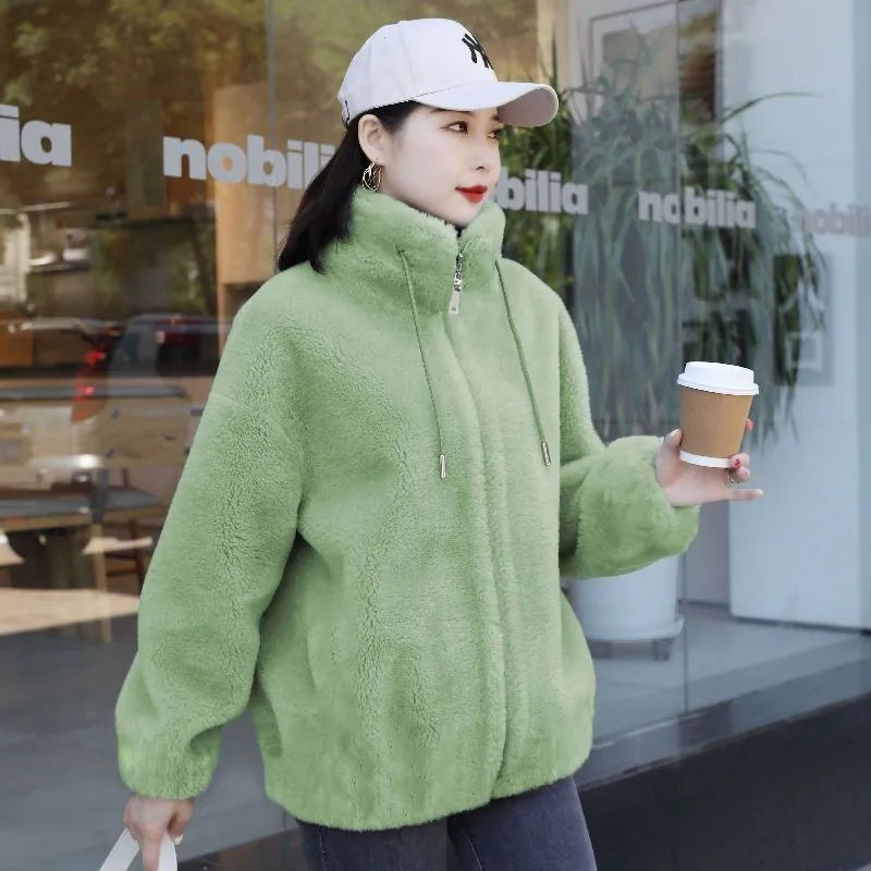 Femmes hiver Double corail polaire manteau chaud col montant en peluche épais pardessus femme mode décontracté à manches longues fermeture éclair vêtements