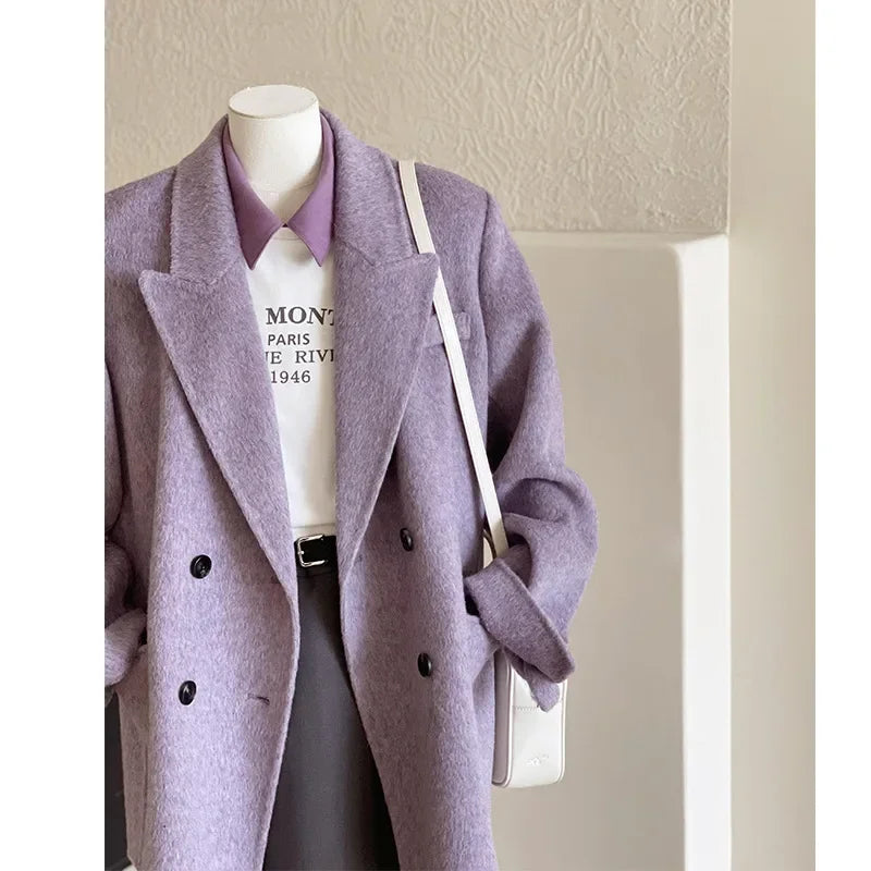 Manteau en laine violet doux pour femme, Style court, système coréen