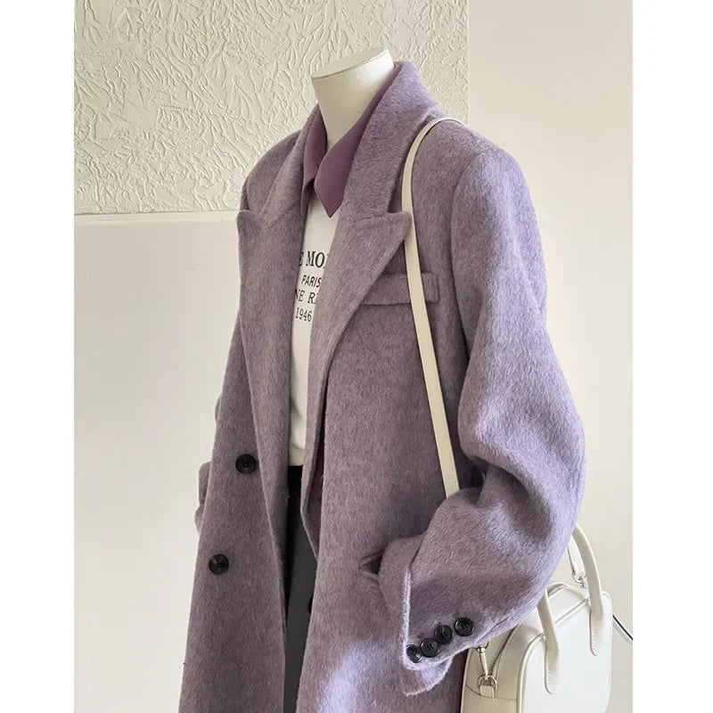Manteau en laine violet doux pour femme, Style court, système coréen