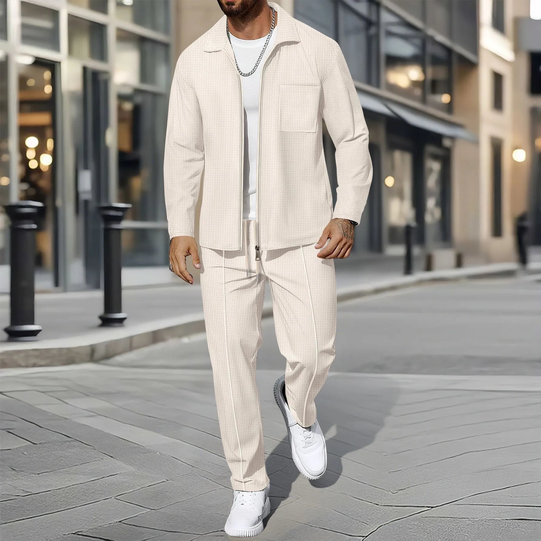 Ensemble veste cardigan ajustée à motif gaufré pour hommes, couleur unie, fermeture éclair, poche avant, revers, automne et hiver