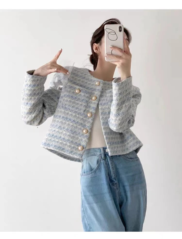 ITOOLIN automne hiver femmes élégant Tweed Cardigan manteau court avec poche simple boutonnage veste pour femmes vêtements d'extérieur amples 2024