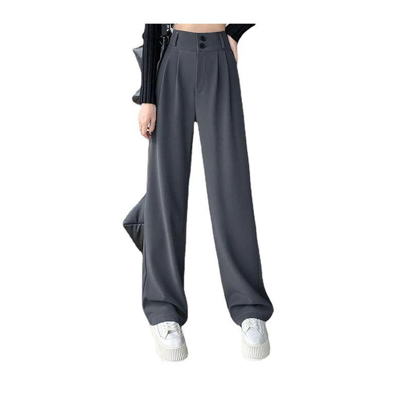 Pantalon large taille haute pour femme, pantalon décontracté femme, droit, café, FjAutumn, double boutons, imbibé, nouveau