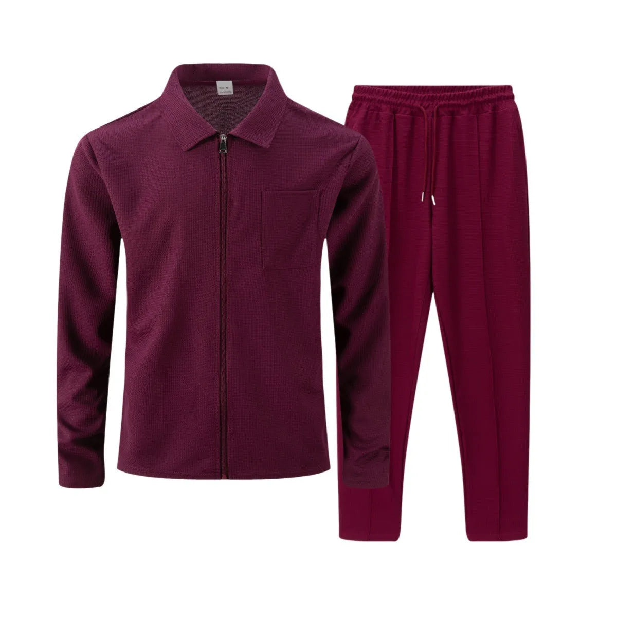 Ensemble veste cardigan ajustée à motif gaufré pour hommes, couleur unie, fermeture éclair, poche avant, revers, automne et hiver