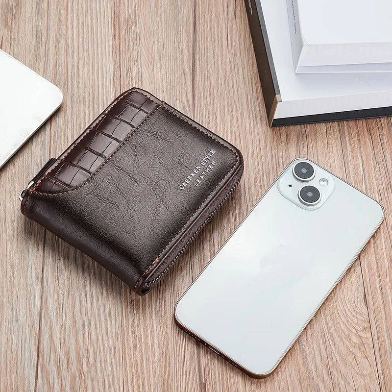 Portefeuille en cuir pour hommes, porte-monnaie de luxe, porte-cartes à fermeture éclair avec poche pour pièces de monnaie, portefeuilles Rfid, cadeaux pour hommes, sac d'argent