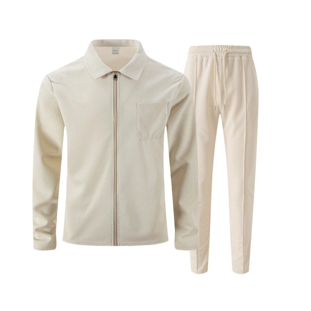 Ensemble veste cardigan ajustée à motif gaufré pour hommes, couleur unie, fermeture éclair, poche avant, revers, automne et hiver
