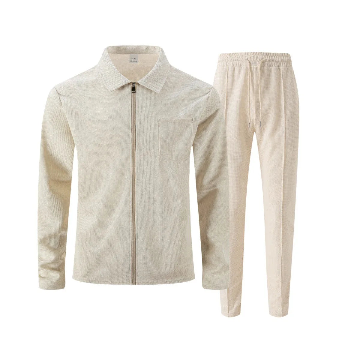 Ensemble veste cardigan ajustée à motif gaufré pour hommes, couleur unie, fermeture éclair, poche avant, revers, automne et hiver