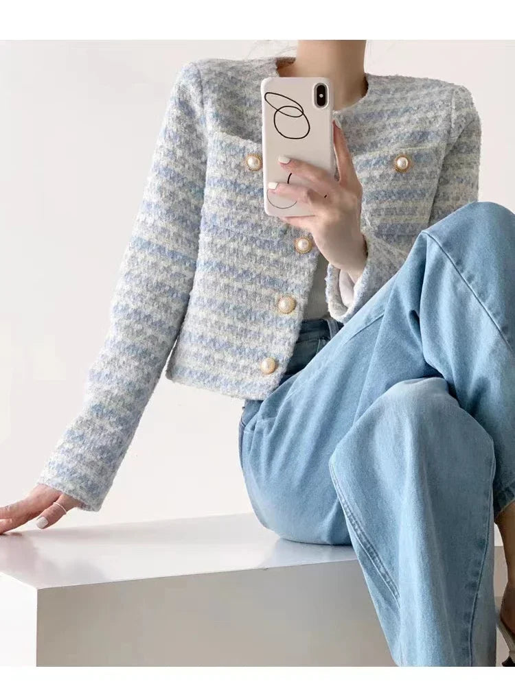 ITOOLIN automne hiver femmes élégant Tweed Cardigan manteau court avec poche simple boutonnage veste pour femmes vêtements d'extérieur amples 2024