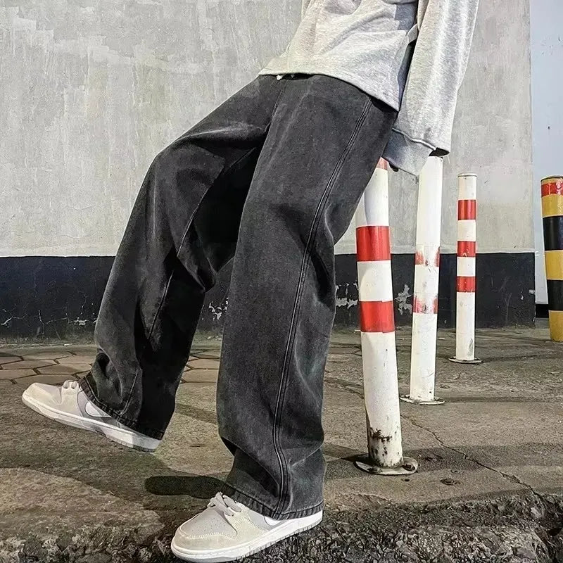 Jean ample pour hommes, Streetwear, Style coréen, mode, ample, droit, jambes larges, vêtements de marque, noir, bleu clair, nouvelle collection 2025