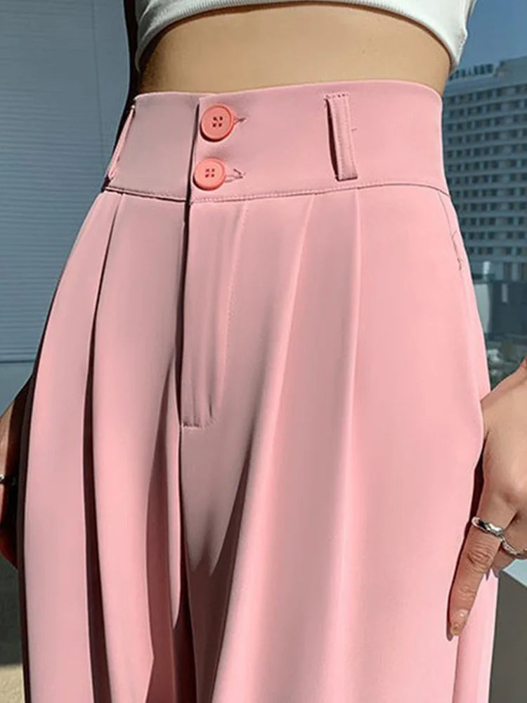 Pantalon large taille haute pour femme, pantalon décontracté femme, droit, café, FjAutumn, double boutons, imbibé, nouveau