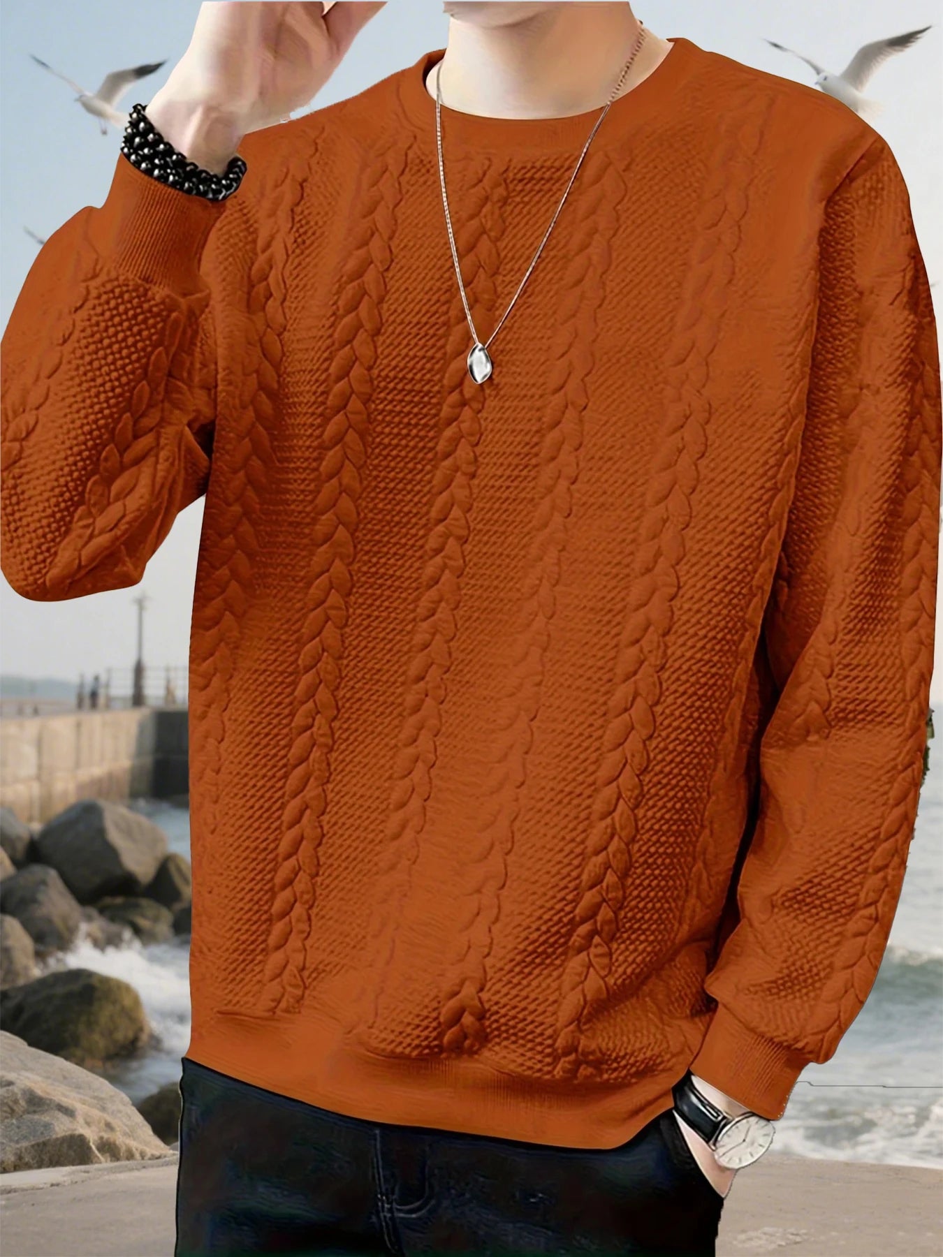 Autumn men's new round neck jacquard checkered high-end