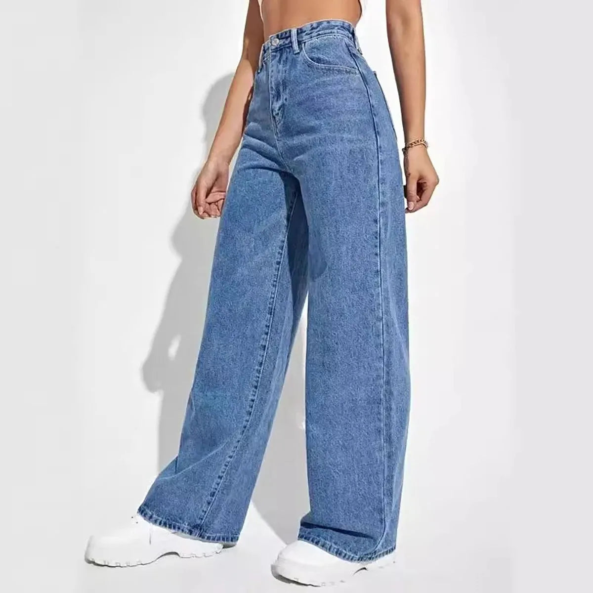 Jean bleu rétro pour femmes, y2k, pantalon droit ample, taille haute, slim, tout-en-un, à la mode