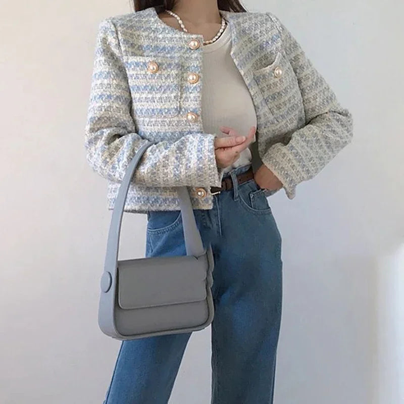 ITOOLIN automne hiver femmes élégant Tweed Cardigan manteau court avec poche simple boutonnage veste pour femmes vêtements d'extérieur amples 2024