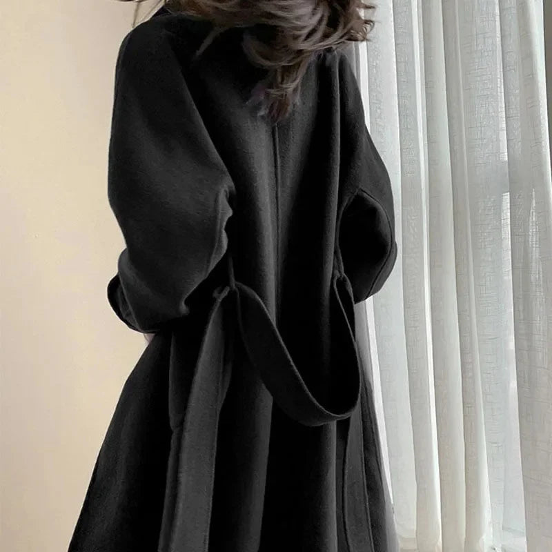 Manteau long en laine épaissie pour femme, manteau noir, mode coréenne, Harajuku, hiver