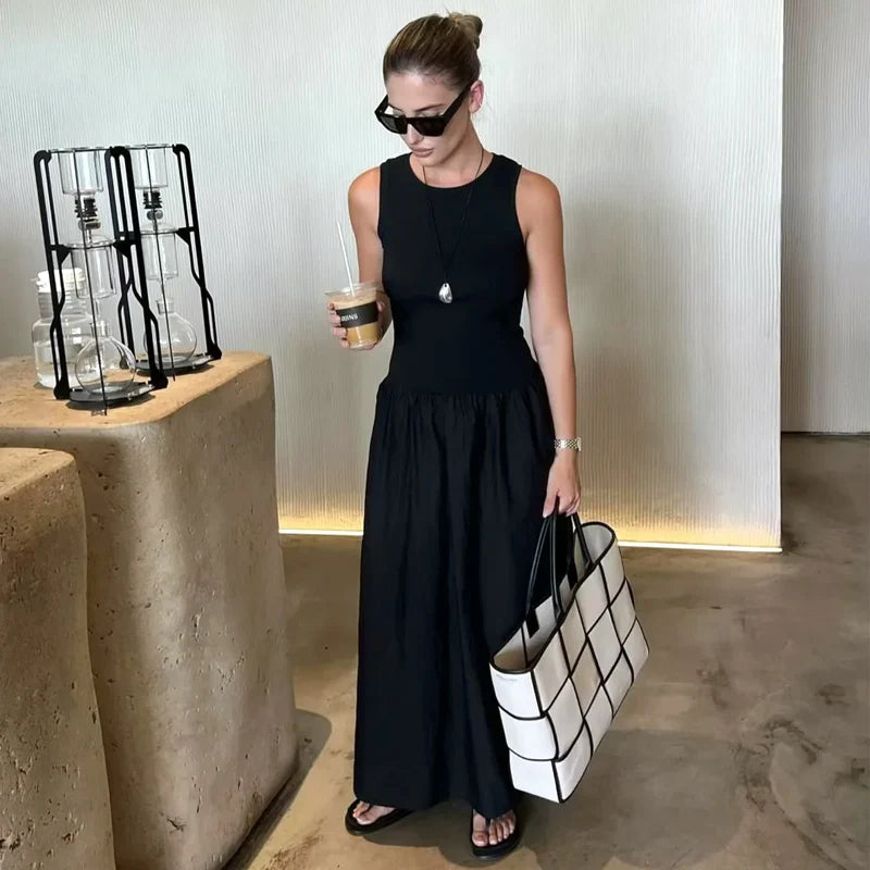 HXAO kaki robes longues élégantes 2025 femmes printemps sans manches robes noires mode décontracté fête Y2k robe robes pour femme