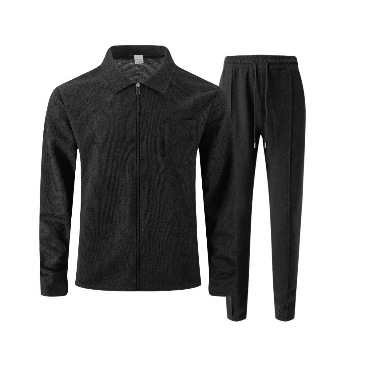 Ensemble veste cardigan ajustée à motif gaufré pour hommes, couleur unie, fermeture éclair, poche avant, revers, automne et hiver