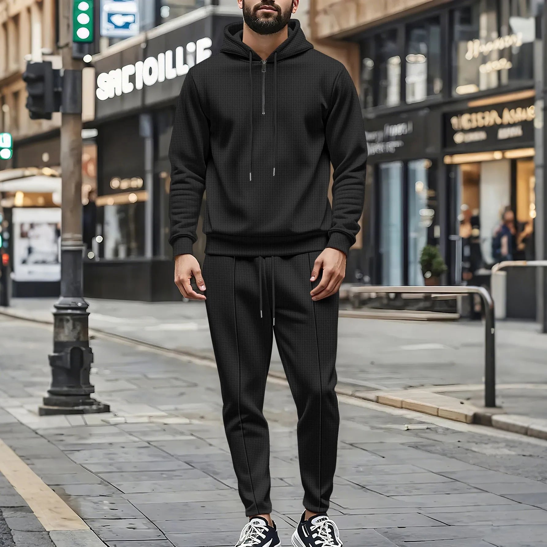 Ensemble pull et pantalon à manches longues pour hommes, gaufré, couleur unie, à capuche, demi-zip, cordon de serrage, nouvelle collection automne
