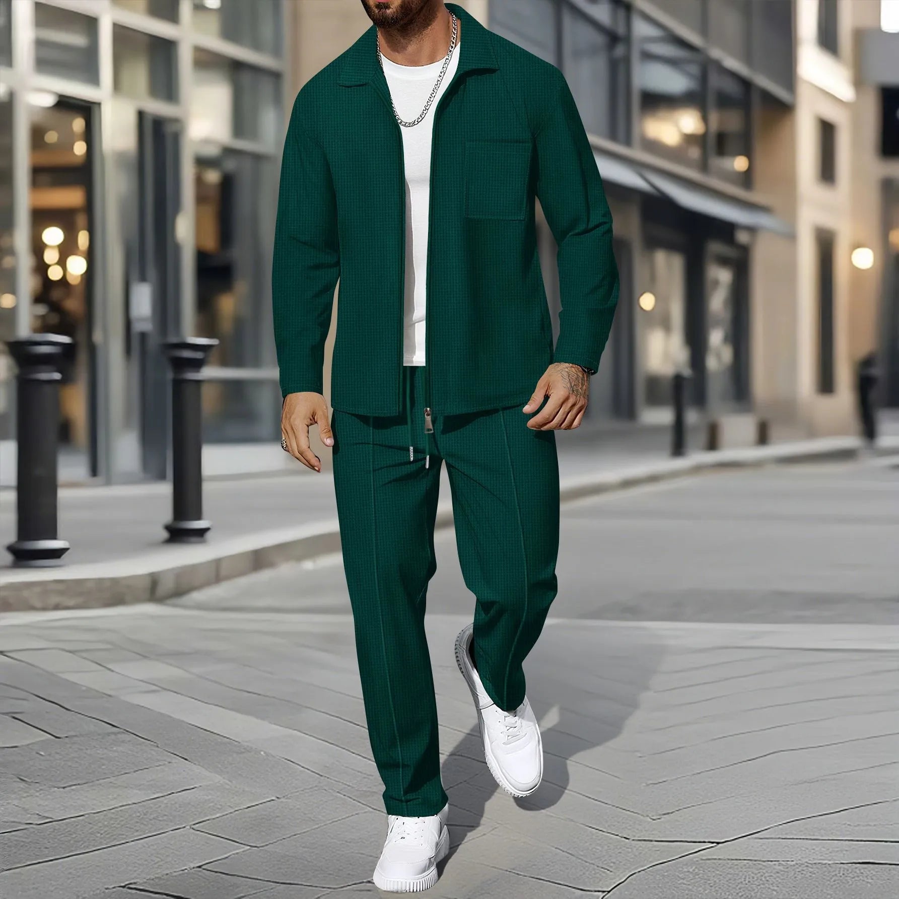 Ensemble veste cardigan ajustée à motif gaufré pour hommes, couleur unie, fermeture éclair, poche avant, revers, automne et hiver