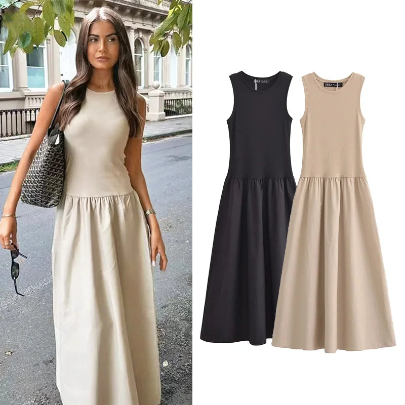 HXAO kaki robes longues élégantes 2025 femmes printemps sans manches robes noires mode décontracté fête Y2k robe robes pour femme