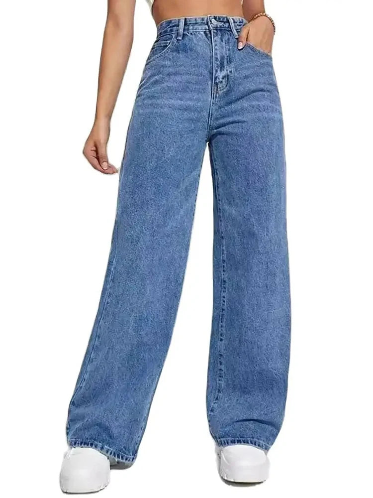 Jean bleu rétro pour femmes, y2k, pantalon droit ample, taille haute, slim, tout-en-un, à la mode