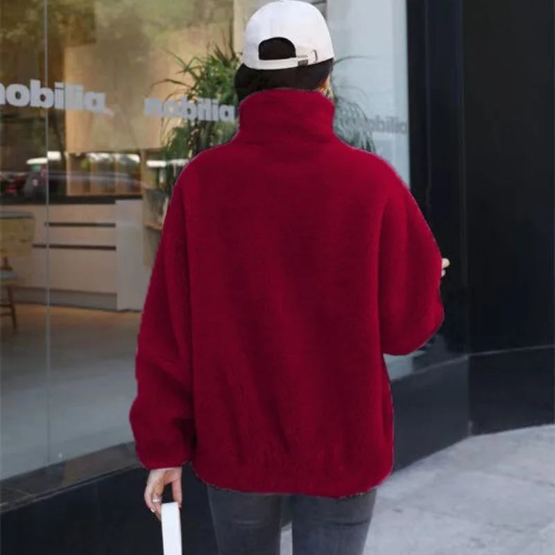 Femmes hiver Double corail polaire manteau chaud col montant en peluche épais pardessus femme mode décontracté à manches longues fermeture éclair vêtements