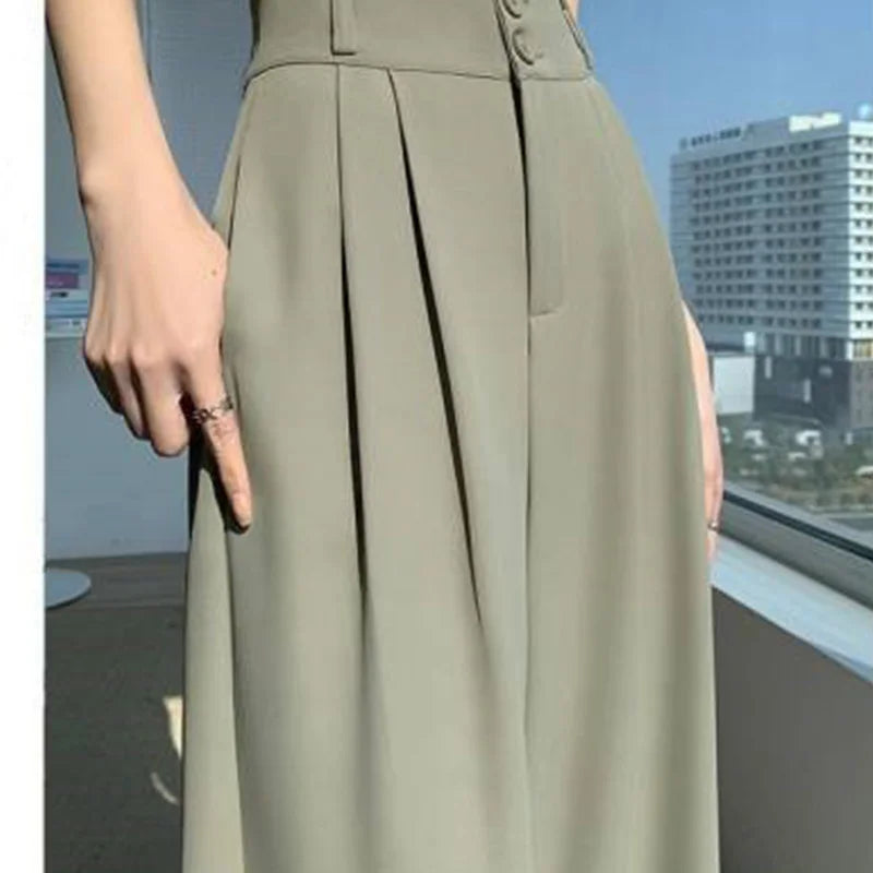 Pantalon large taille haute pour femme, pantalon décontracté femme, droit, café, FjAutumn, double boutons, imbibé, nouveau
