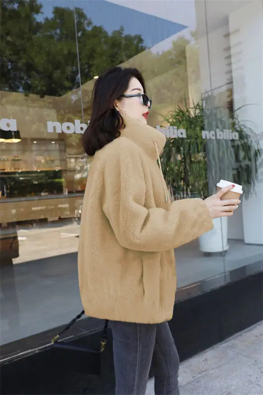 Femmes hiver Double corail polaire manteau chaud col montant en peluche épais pardessus femme mode décontracté à manches longues fermeture éclair vêtements