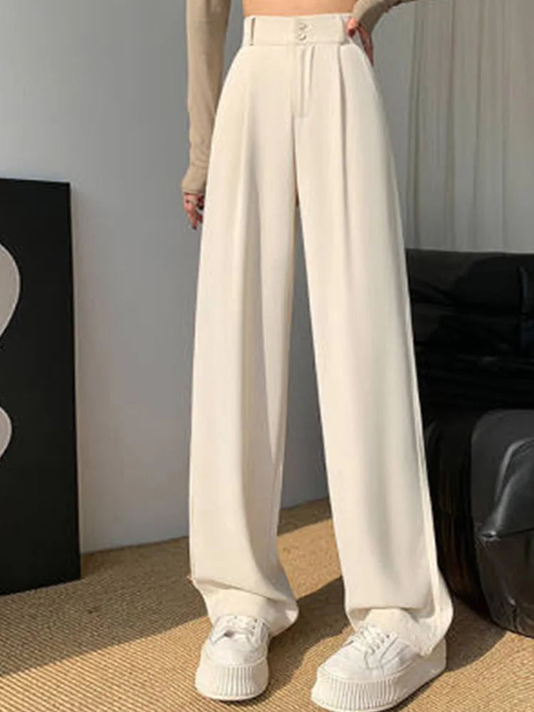 Pantalon large taille haute pour femme, pantalon décontracté femme, droit, café, FjAutumn, double boutons, imbibé, nouveau