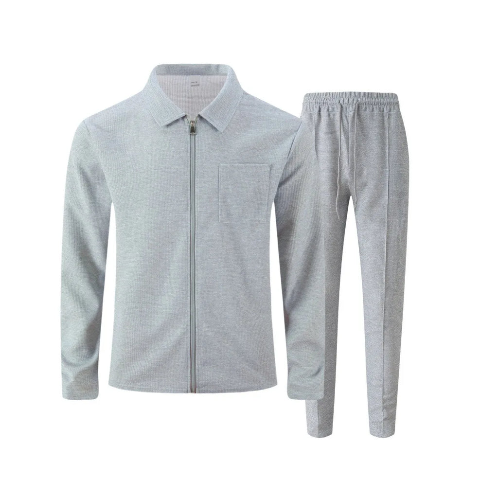 Ensemble veste cardigan ajustée à motif gaufré pour hommes, couleur unie, fermeture éclair, poche avant, revers, automne et hiver