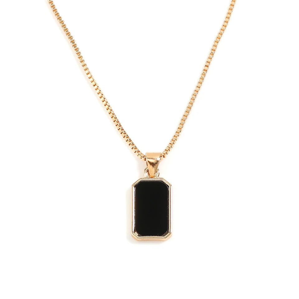 Collier classique avec pendentif carré noir pour femmes et hommes, personnalisé, couleur or, métal, bijoux quotidiens de fête