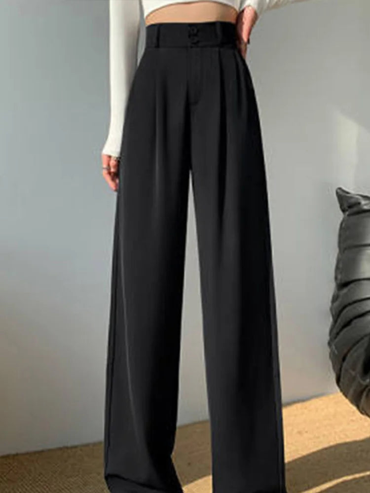 Pantalon large taille haute pour femme, pantalon décontracté femme, droit, café, FjAutumn, double boutons, imbibé, nouveau